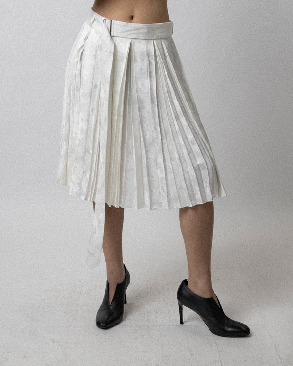 Belted Pleated Skirt White Jacquard/  Waist 32''