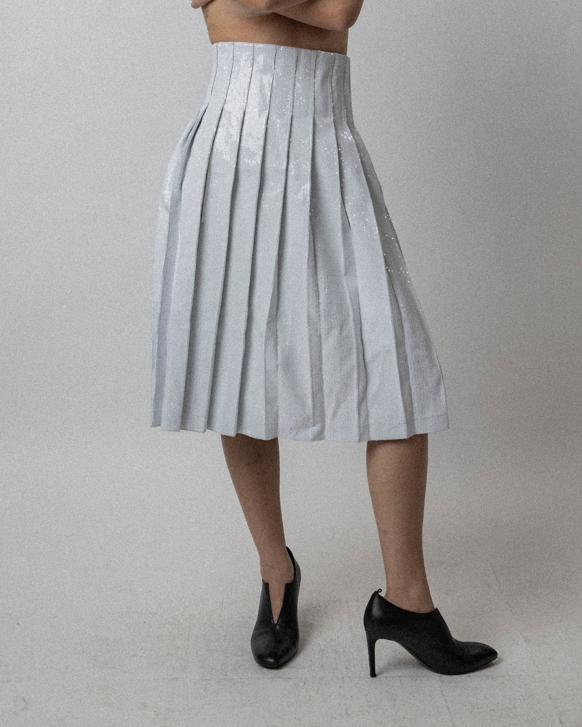 High Waisted Pleated Sequin Skirt - White Waist 27''