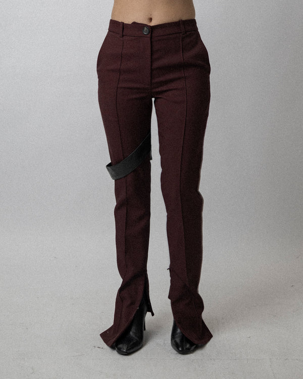 Leather Strap Skinny Trouser Wool Burgundy - Waist 31''