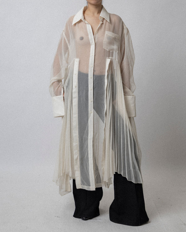 Pleated Shirt Dress Sheer Cream Cross Shoulder 23''